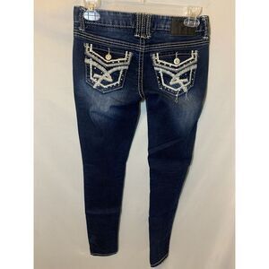 Women's Size 1 Amethyst Distressed Skinny Jeans Embroidered Pockets ‎ Dark Wash